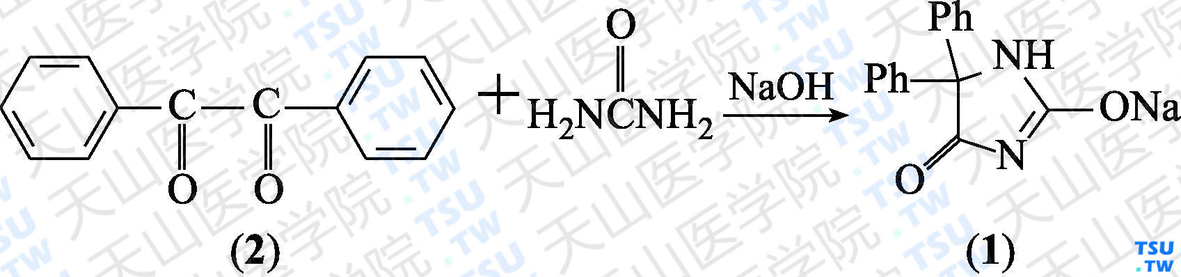 苯妥英钠（分子式：C<sub>15</sub>H<sub>11</sub>N<sub>2</sub>O<sub>2</sub>Na）的合成方法路线及其结构式