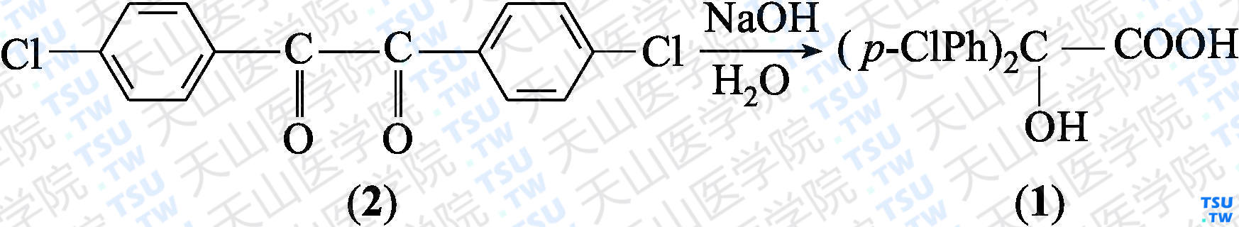 2，2-二对氯苯基-2-羟基乙酸（分子式：C<sub>14</sub>H<sub>10</sub>Cl<sub>2</sub>O<sub>3</sub>）的合成方法路线及其结构式