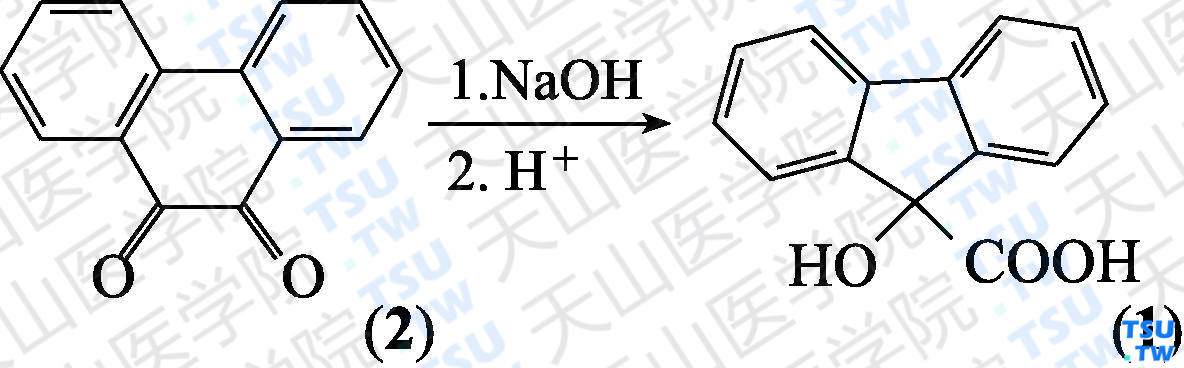 9-羟基芴-9-羧酸（分子式：C<sub>14</sub>H<sub>10</sub>O<sub>3</sub>）的合成方法路线及其结构式