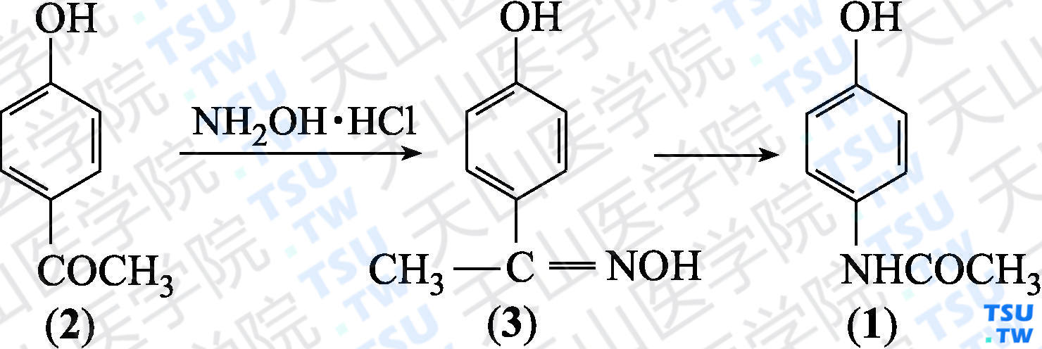 对乙酰氨基苯酚（分子式：C<sub>8</sub>H<sub>9</sub>NO<sub>2</sub>）的合成方法路线及其结构式