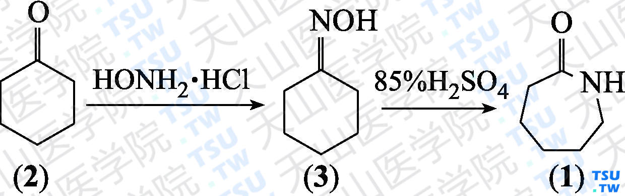 己内酰胺（分子式：C<sub>6</sub>H<sub>11</sub>NO）的合成方法路线及其结构式