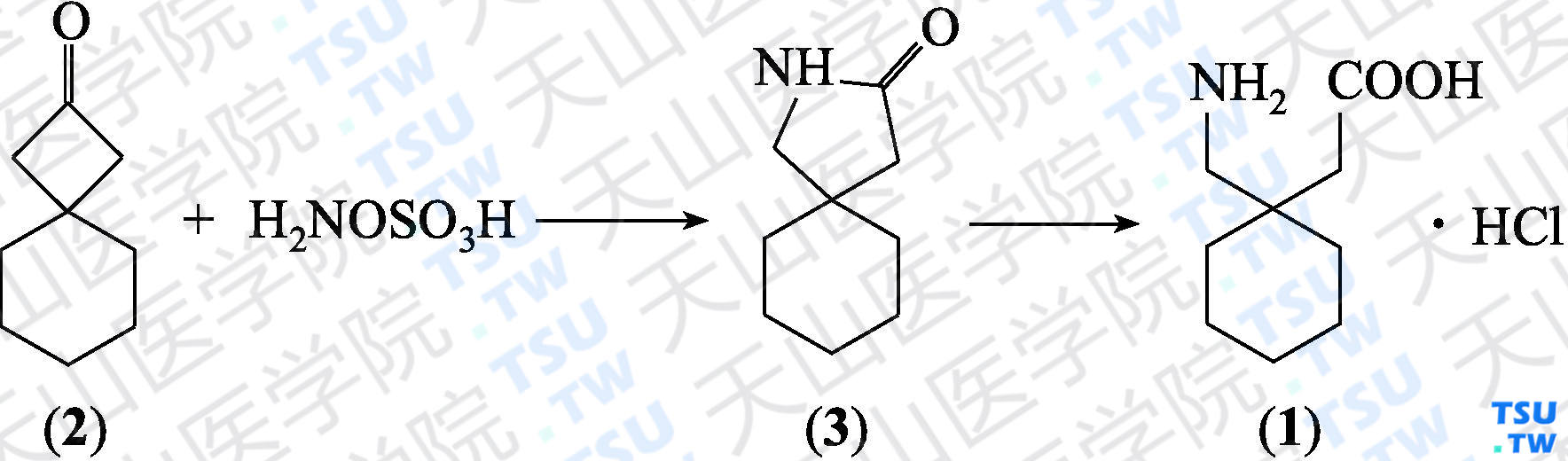 加巴喷丁盐酸盐（分子式：C<sub>9</sub>H<sub>17</sub>NO<sub>2</sub>·HCl）的合成方法路线及其结构式