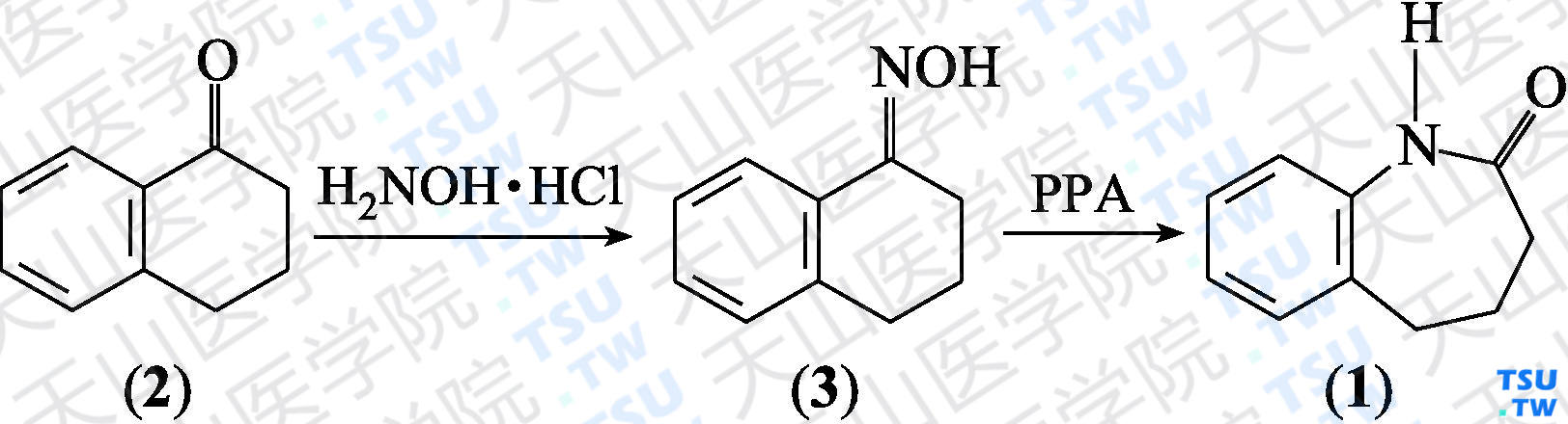 1，3，4，5-四氢-1<i>H</i>-[1]苯并氮杂䓬-2-酮（分子式：C<sub>10</sub>H<sub>11</sub>NO）的合成方法路线及其结构式