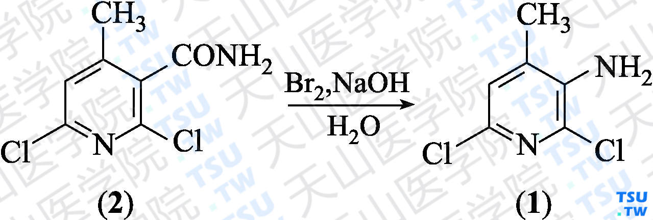 2，6-二氯-3-氨基-4-甲基吡啶（分子式：C<sub>6</sub>H<sub>6</sub>Cl<sub>2</sub>N<sub>2</sub>）的合成方法路线及其结构式