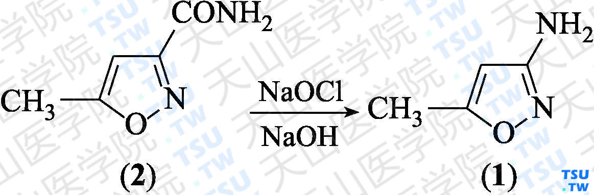 3-氨基-5-甲基异噁唑（分子式：C<sub>4</sub>H<sub>6</sub>N<sub>2</sub>O）的合成方法路线及其结构式