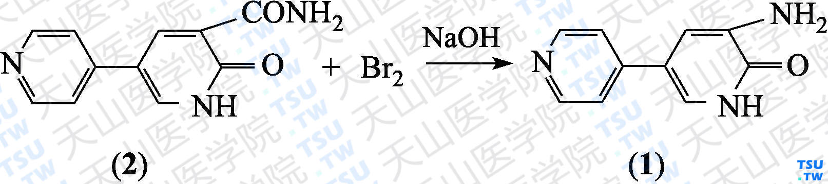 氨力农（分子式：C<sub>10</sub>H<sub>9</sub>N<sub>3</sub>O）的合成方法路线及其结构式