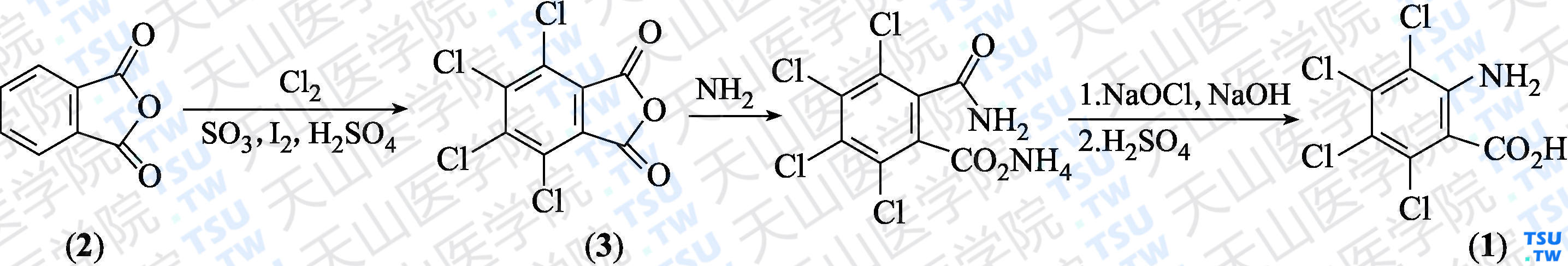 四氯邻氨基苯甲酸（分子式：C<sub>7</sub>H<sub>3</sub> Cl<sub>4</sub>NO<sub>2</sub>）的合成方法路线及其结构式