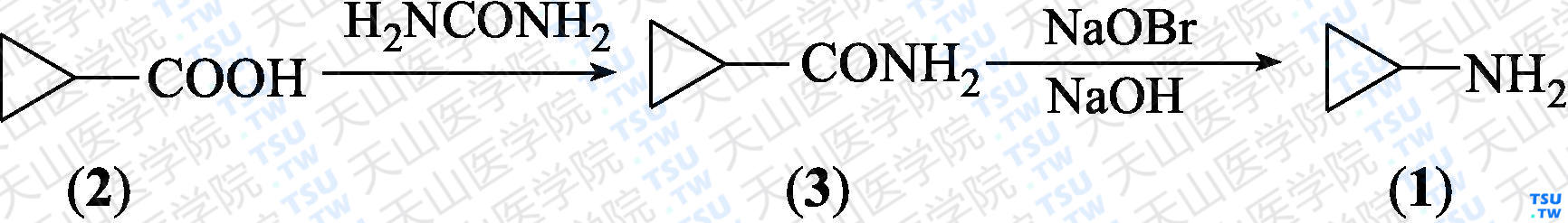 环丙基胺（分子式：C<sub>3</sub>H<sub>7</sub>N）的合成方法路线及其结构式