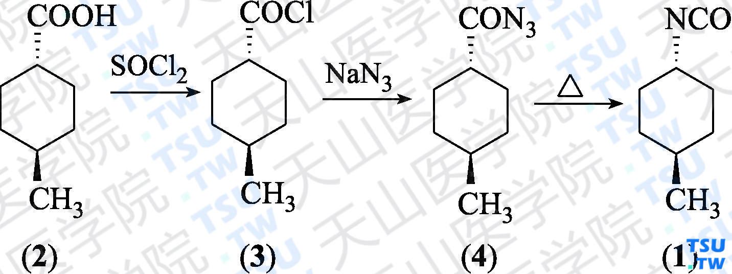 反-4-甲基环己基异氰酸酯（分子式：C<sub>8</sub>H<sub>13</sub>NO）的合成方法路线及其结构式