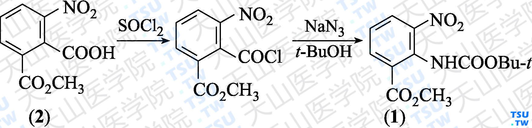 2-（叔丁氧羰基）氨基-3-硝基苯甲酸甲酯（分子式：C<sub>13</sub>H<sub>16</sub>N<sub>2</sub>O<sub>6</sub>）的合成方法路线及其结构式