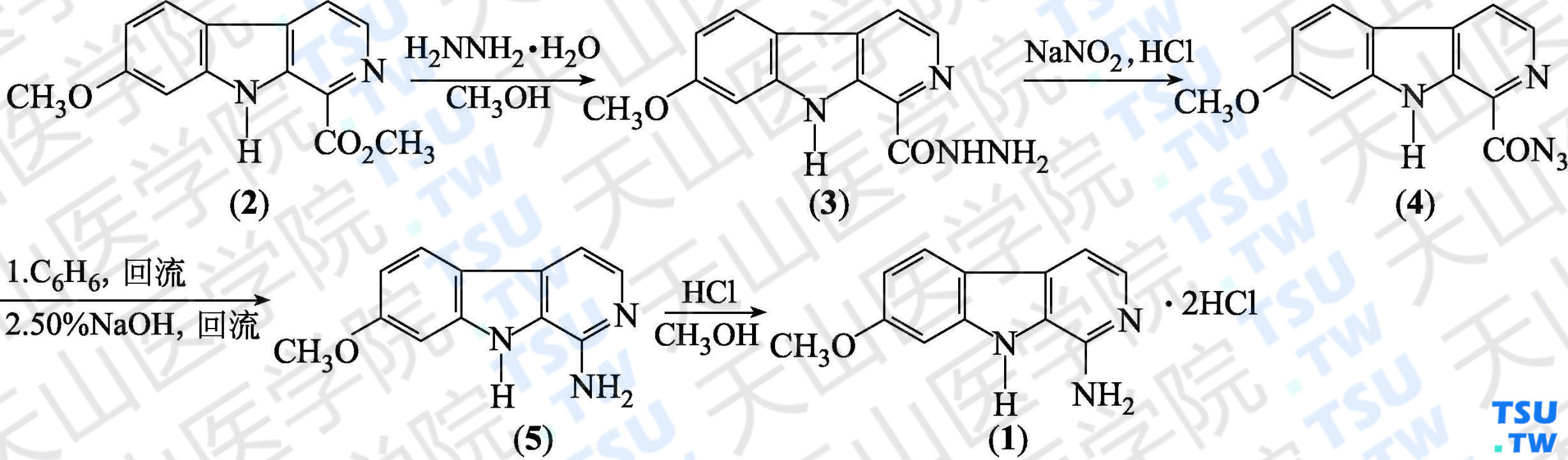 1-氨基-7-甲氧基-<i>β</i>-咔啉盐酸盐（分子式：C<sub>12</sub>H<sub>11</sub>N<sub>3</sub>O·2HCl）的合成方法路线及其结构式