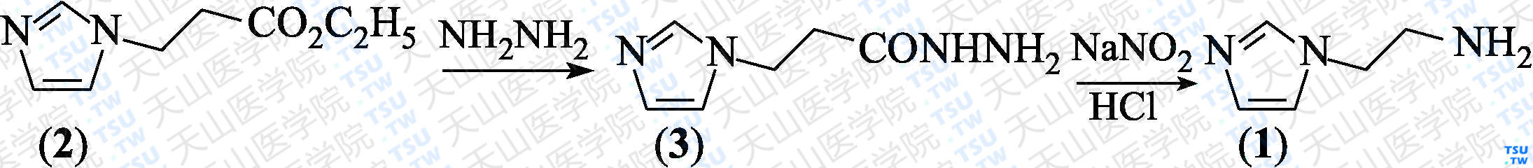 2-（1-咪唑基）乙胺（分子式：C<sub>5</sub>H<sub>9</sub>N<sub>3</sub>）的合成方法路线及其结构式