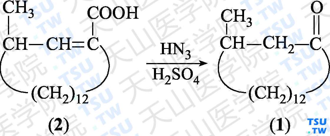 麝香酮（分子式：C<sub>16</sub>H<sub>30</sub>O）的合成方法路线及其结构式