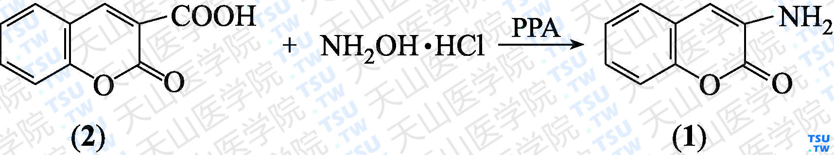 3-氨基香豆素（分子式：C<sub>9</sub>H<sub>7</sub>NO<sub>2</sub>）的合成方法路线及其结构式