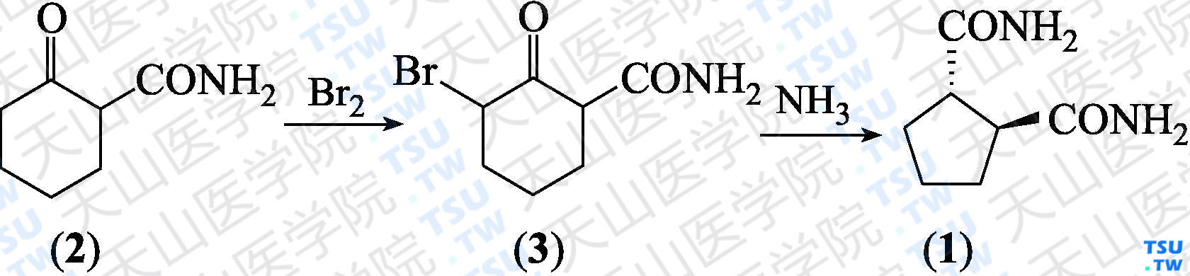 反-环戊基-1，2-二甲酰胺（分子式：C<sub>7</sub>H<sub>12</sub>N<sub>2</sub>O<sub>2</sub>）的合成方法路线及其结构式