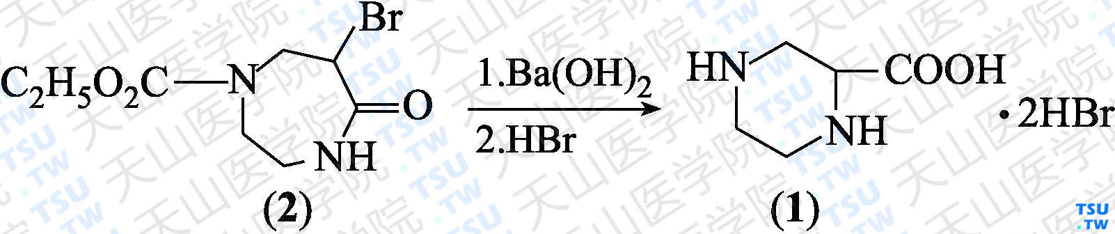 （±）-2-哌嗪甲酸氢溴酸盐（分子式：C<sub>5</sub>H<sub>10</sub>N<sub>2</sub>O<sub>2</sub>·2HBr）的合成方法路线及其结构式