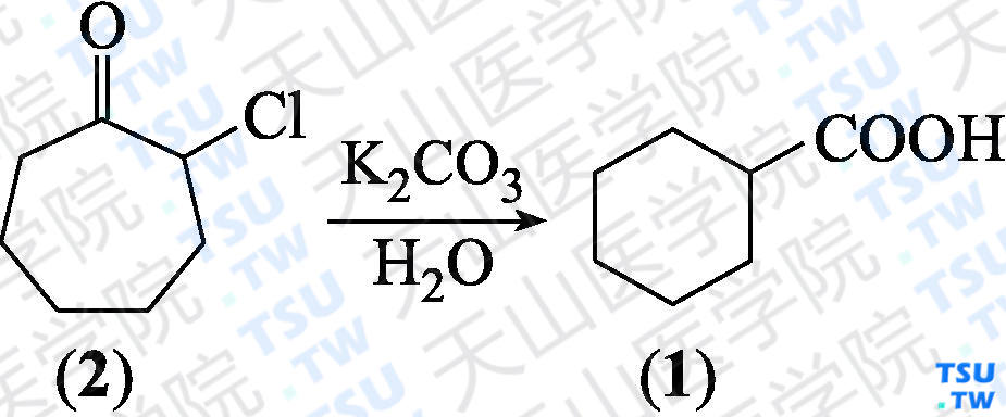 环己基甲酸（分子式：C<sub>7</sub>H<sub>12</sub>O<sub>2</sub>）的合成方法路线及其结构式