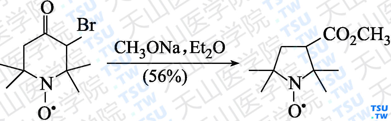 1-氧基-2，2，5，5-四甲基吡咯啉-3-甲酸甲酯（分子式：C<sub>10</sub>H<sub>18</sub>NO<sub>3</sub>）的合成方法路线及其结构式