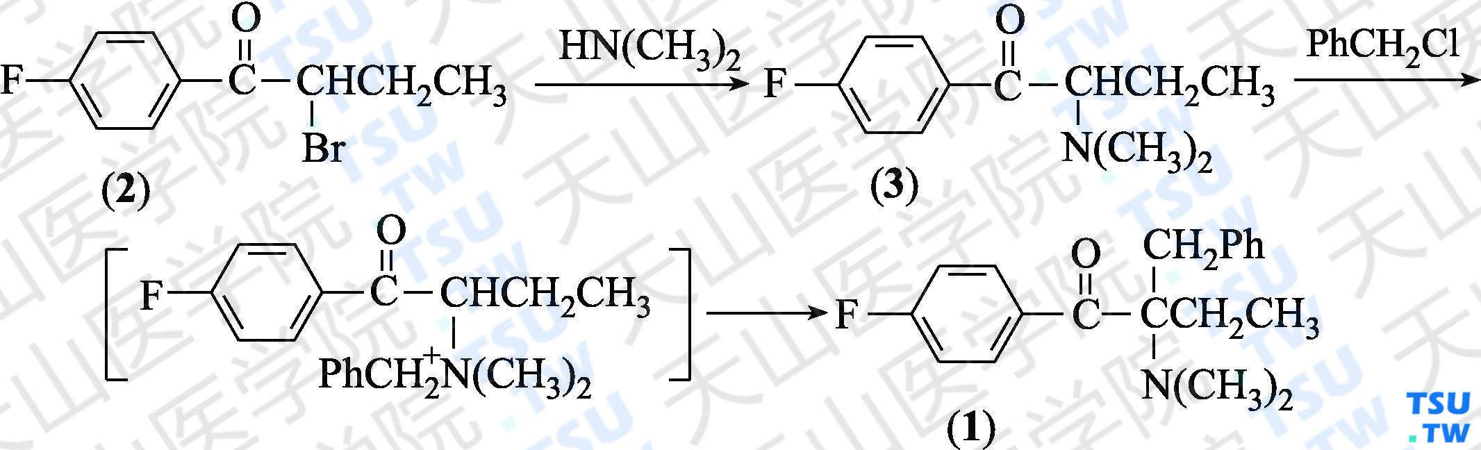 2-二甲氨基-2-苄基-1-对氟苯基-1-丁酮（分子式：C<sub>19</sub>H<sub>22</sub>FNO）的合成方法路线及其结构式