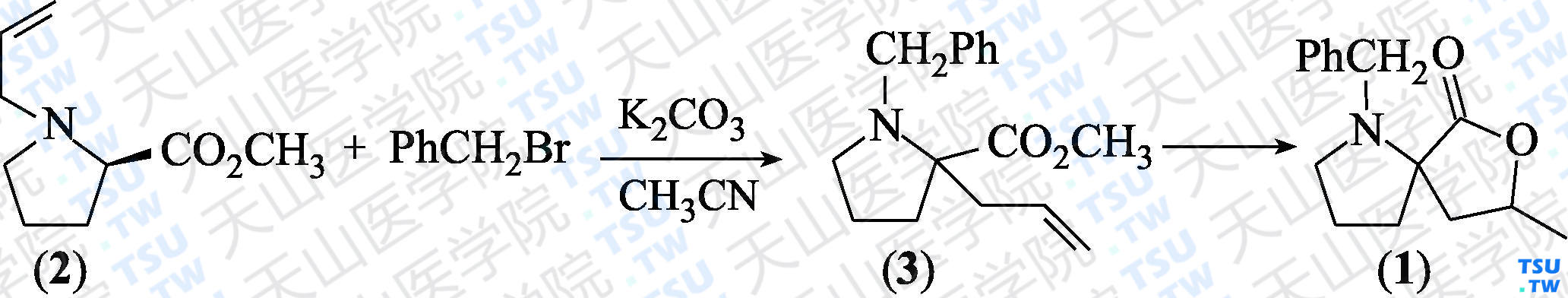1-苄基-8-甲基-7-氧杂-1-氮杂螺[4.4]壬烷-6-酮（分子式：C<sub>15</sub>H<sub>20</sub>NO<sub>2</sub>）的合成方法路线及其结构式