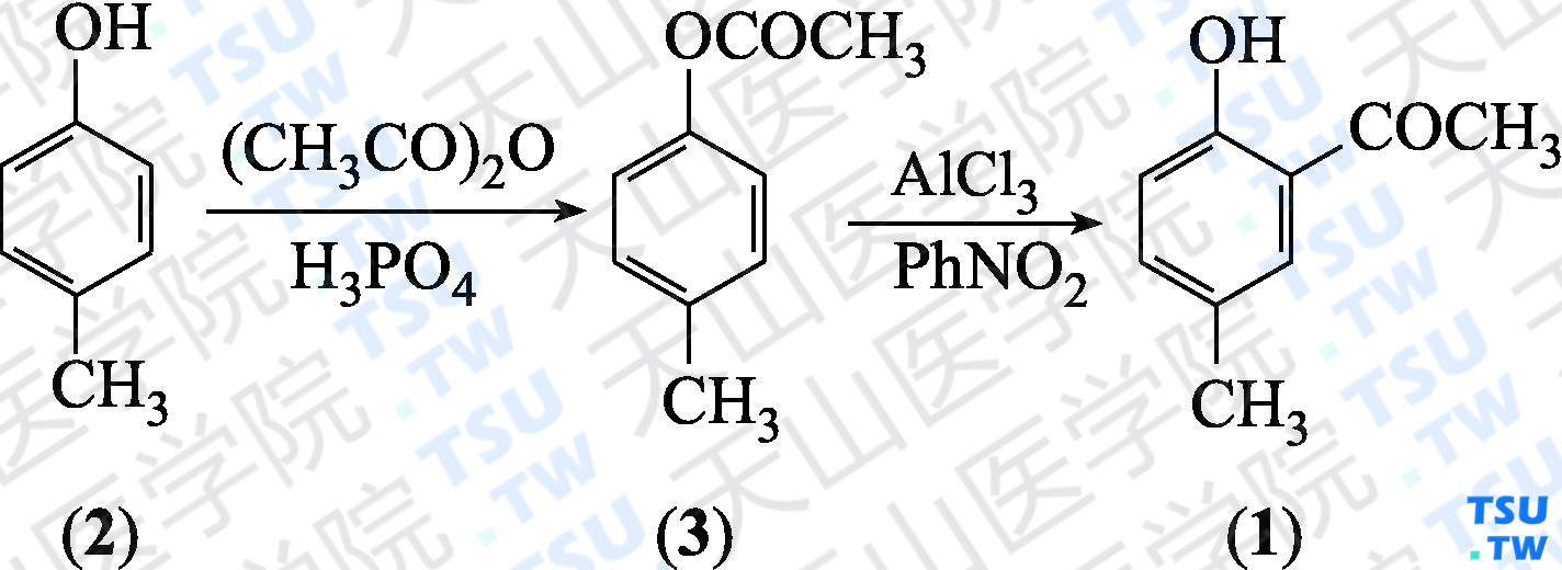 2-羟基-5-甲基苯乙酮（分子式：C<sub>9</sub>H<sub>10</sub>O<sub>2</sub>）的合成方法路线及其结构式