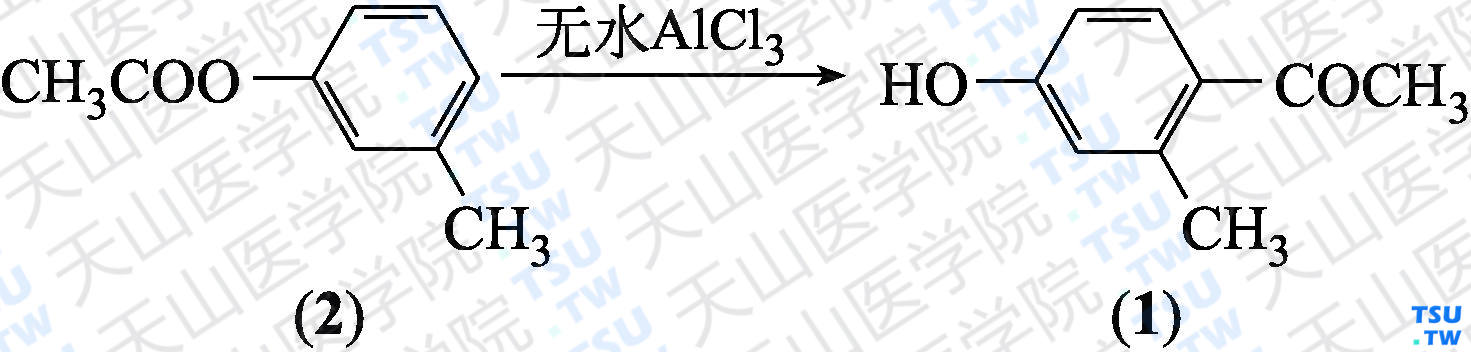 4-羟基-2-甲基苯乙酮（分子式：C<sub>9</sub>H<sub>10</sub>O<sub>2</sub>）的合成方法路线及其结构式