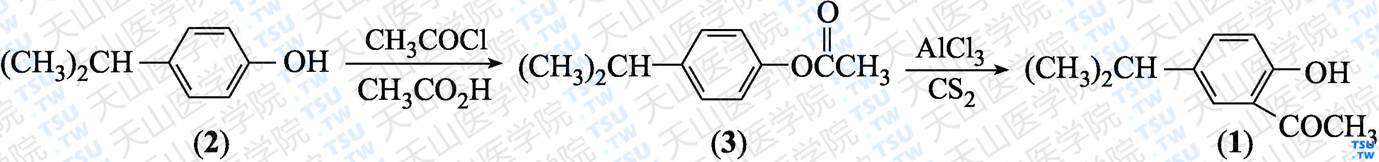 2-羟基-5-异丙基苯乙酮（分子式：C<sub>11</sub>H<sub>14</sub>O<sub>2</sub>）的合成方法路线及其结构式