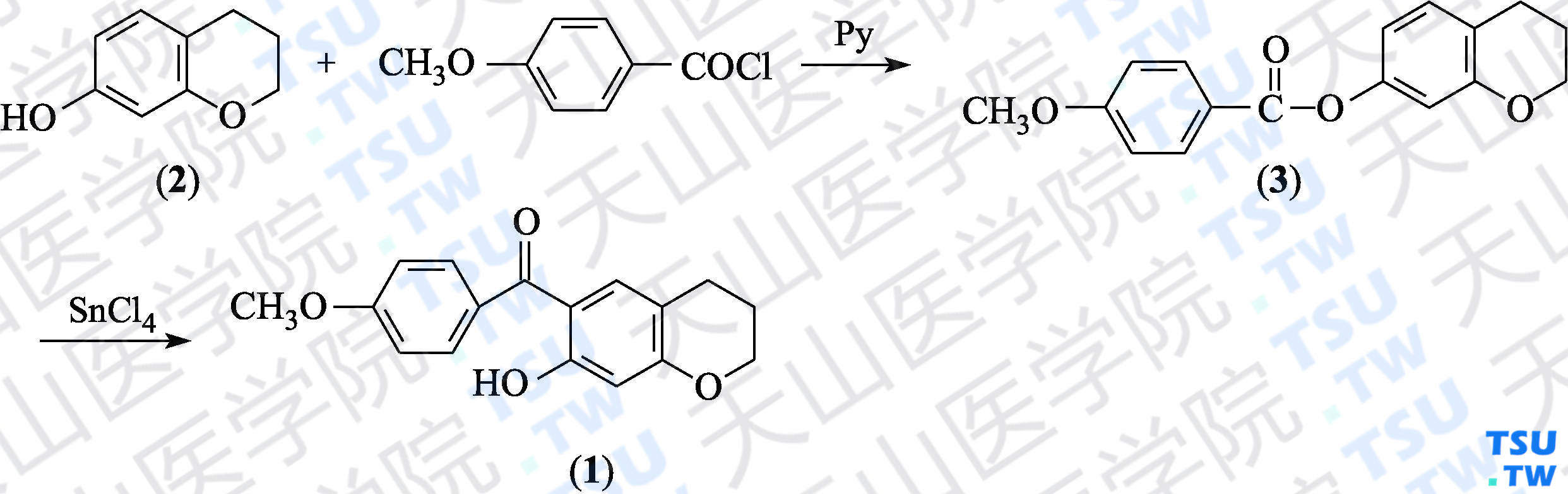 6-（4-甲氧基苯甲酰基）-7-羟基色满（分子式：C<sub>17</sub>H<sub>16</sub>O<sub>4</sub>）的合成方法路线及其结构式