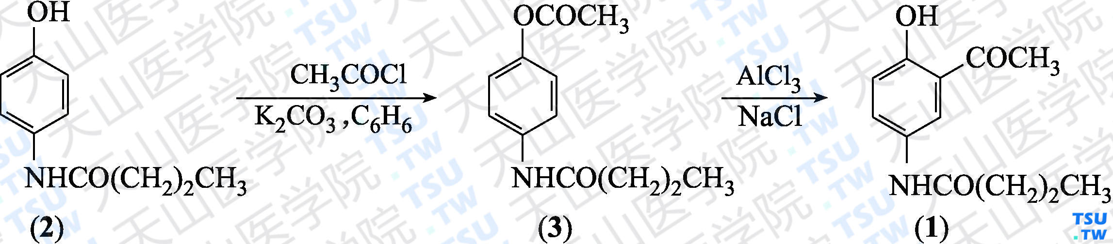 2-乙酰基-4-丁酰氨基苯酚（分子式：C<sub>12</sub>H<sub>15</sub>NO<sub>3</sub>）的合成方法路线及其结构式