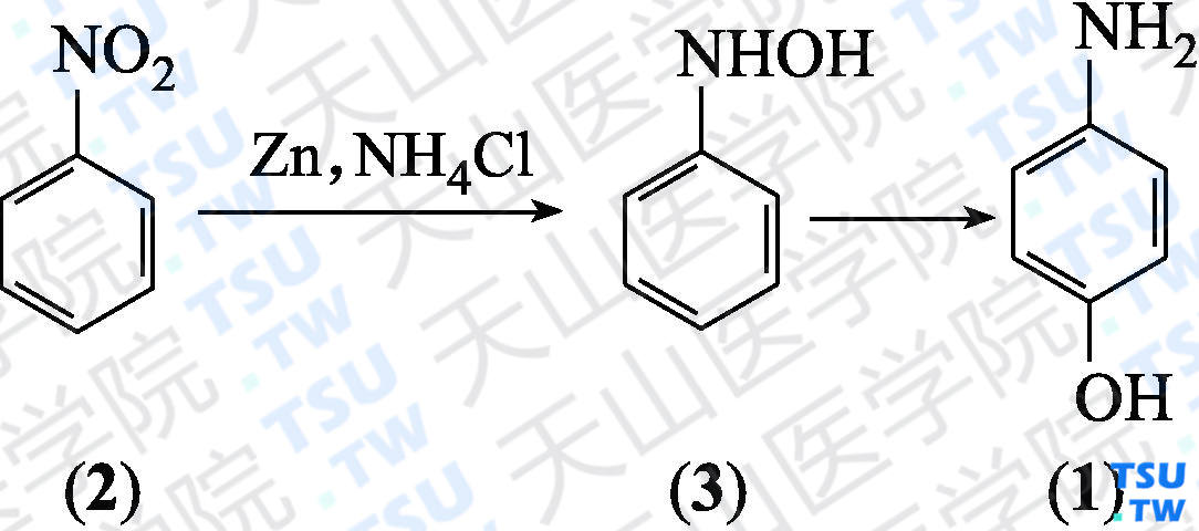 对氨基苯酚（分子式：C<sub>6</sub>H<sub>7</sub>NO）的合成方法路线及其结构式