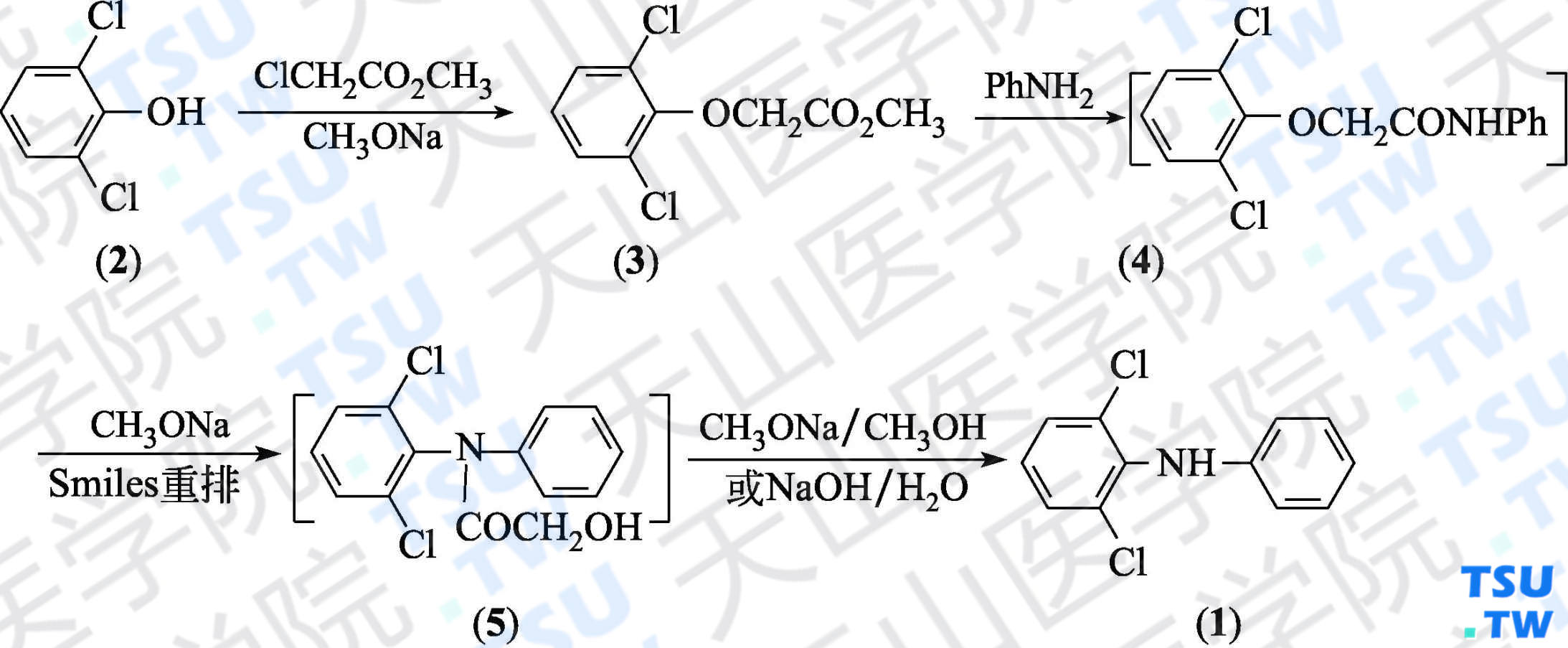 2，6-二氯二苯胺（分子式：C<sub>12</sub>H<sub>9</sub>Cl<sub>2</sub>N）的合成方法路线及其结构式