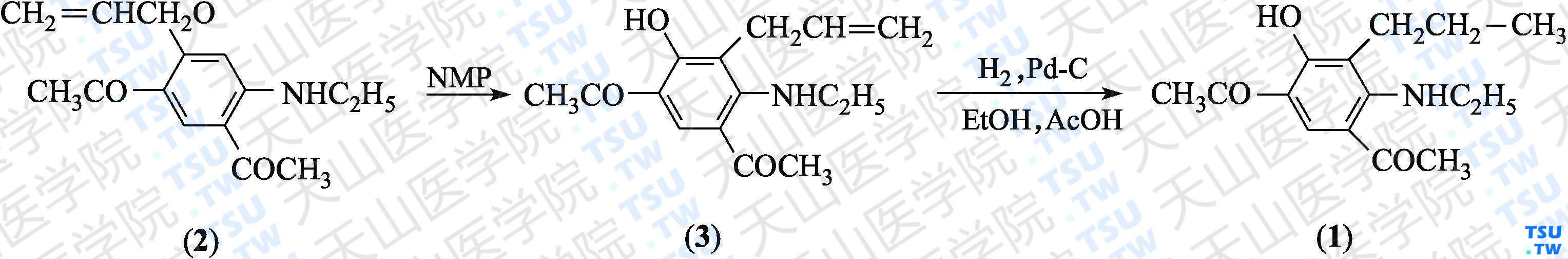 4，6-二乙酰基-2-丙基-3-乙基氨基苯酚（分子式：C<sub>15</sub>H<sub>21</sub>NO<sub>3</sub>）的合成方法路线及其结构式