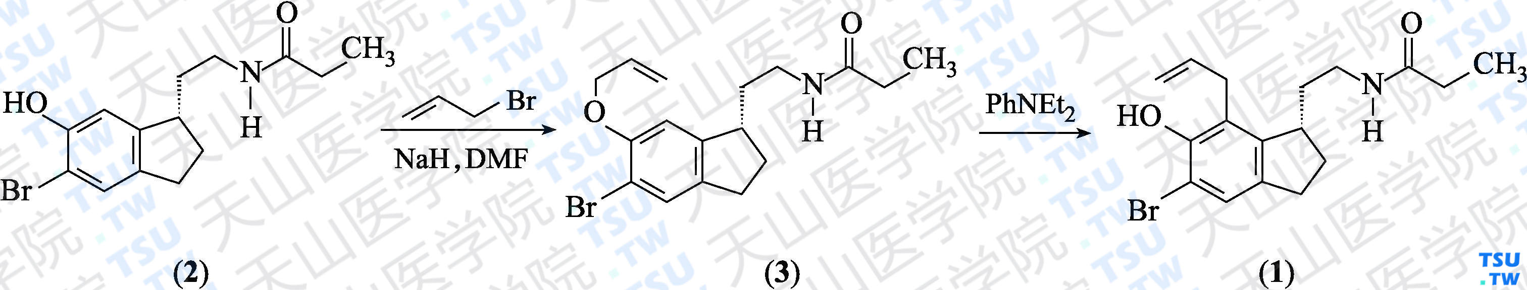 （<i>S</i>）-<i>N</i>-[2-（7-烯丙氧基-5-溴-6-羟基-2，3-二氢-1<i>H</i>-茚-1-基）乙基]丙酰胺（分子式：C<sub>17</sub>H<sub>22</sub>BrNO<sub>2</sub>）的合成方法路线及其结构式