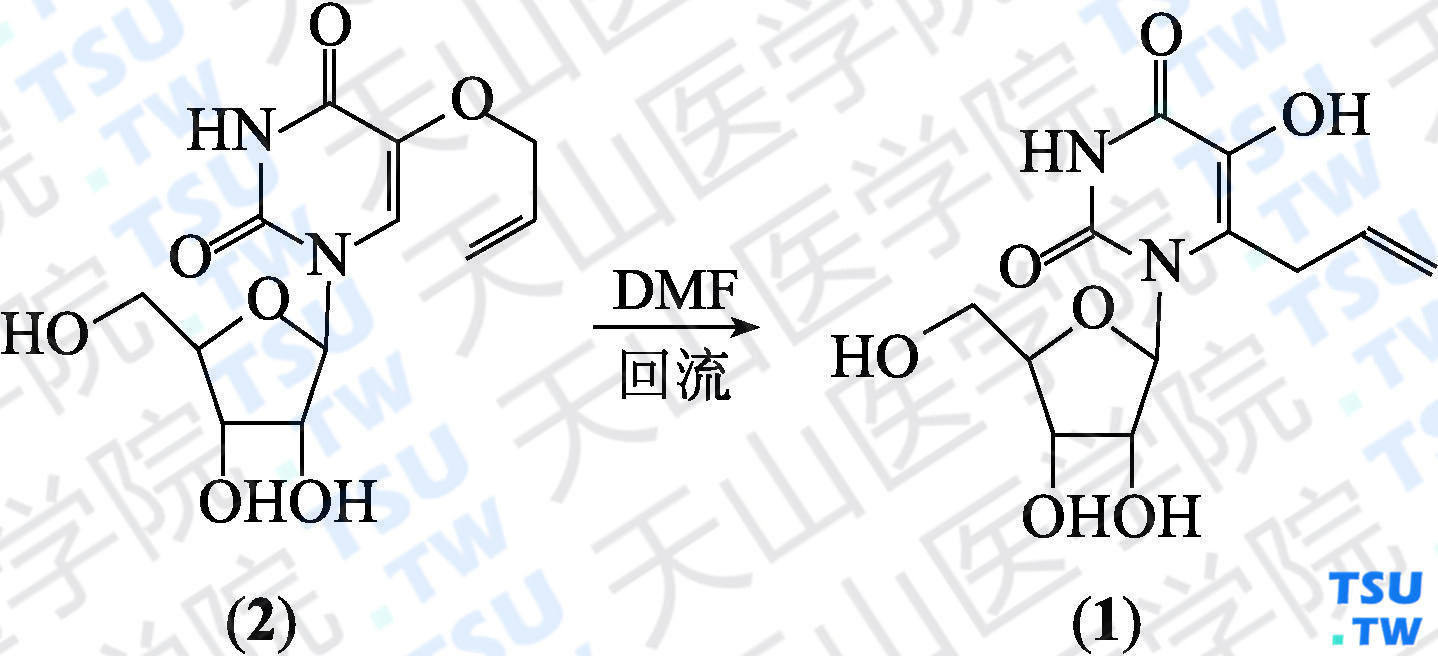 6-烯丙基-5-羟基脲苷（分子式：C<sub>12</sub>H<sub>16</sub>N<sub>2</sub>O<sub>7</sub>）的合成方法路线及其结构式