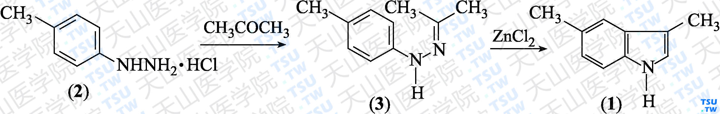 2，5-二甲基吲哚（分子式：C<sub>10</sub>H<sub>11</sub>N）的合成方法路线及其结构式