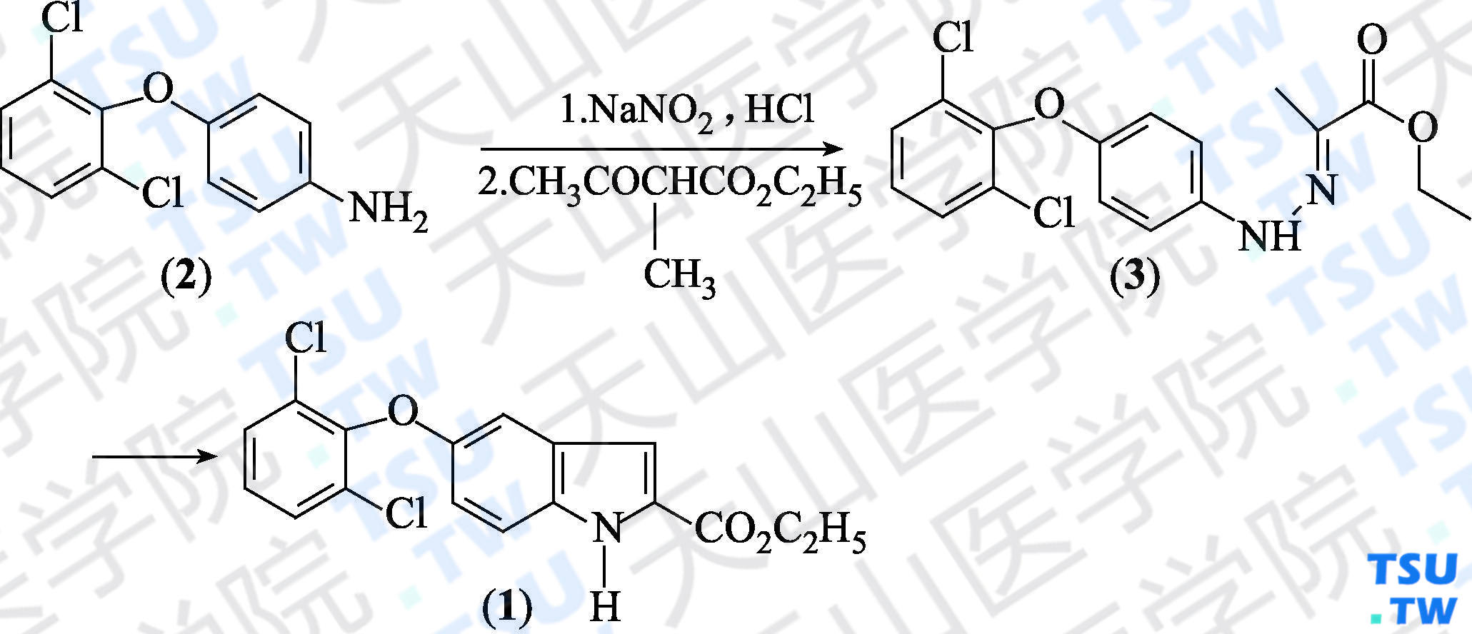 5-（2，6-二氯苄氧基）-1<i>H</i>-吲哚-2-羧酸乙酯（分子式：C<sub>17</sub>H<sub>13</sub>Cl<sub>2</sub>NO<sub>3</sub>）的合成方法路线及其结构式