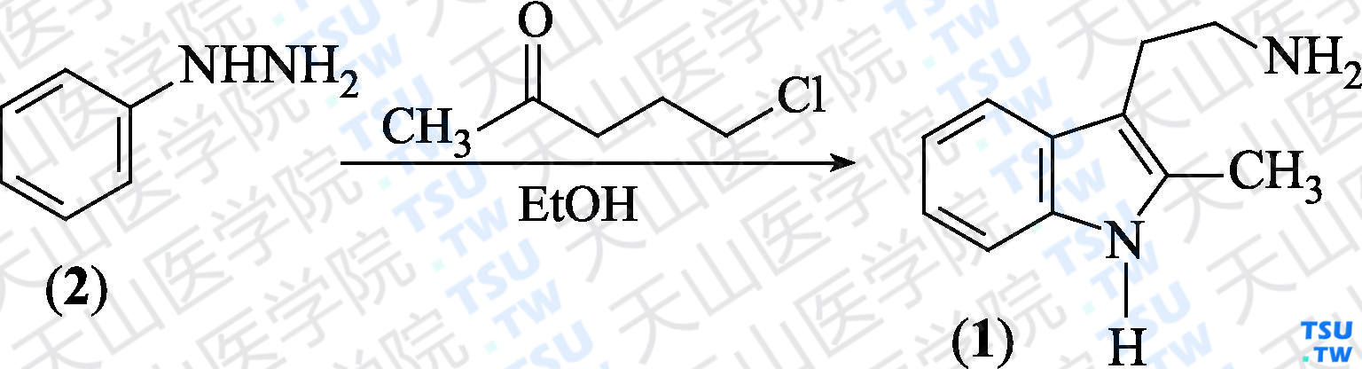 2-甲基色胺（分子式：C<sub>11</sub>H<sub>14</sub>N<sub>2</sub>）的合成方法路线及其结构式