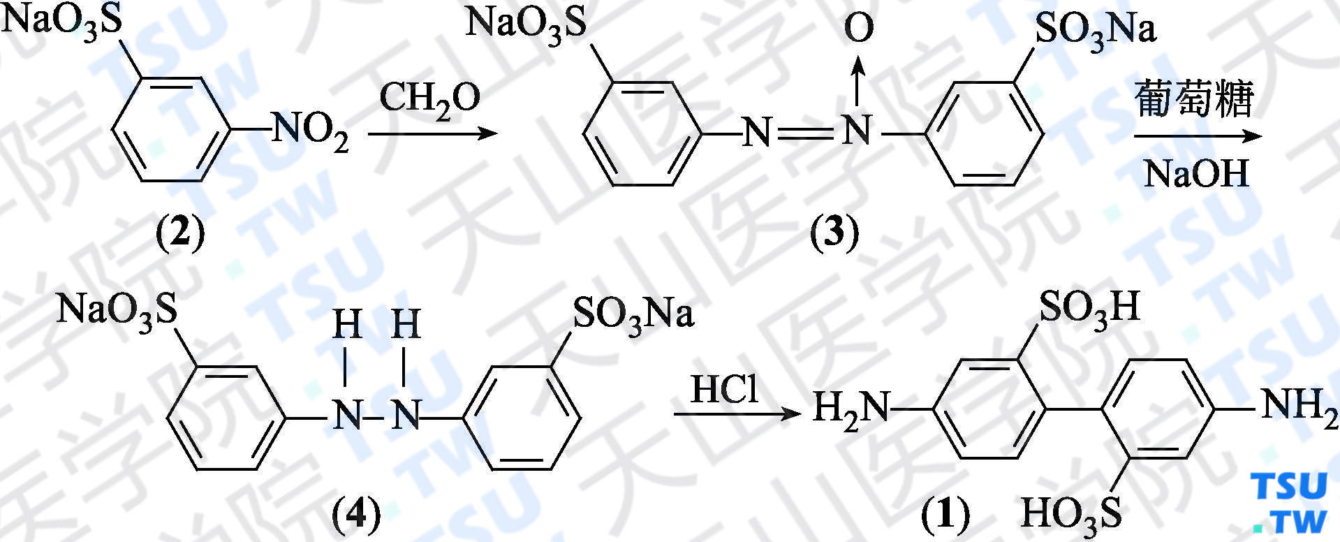 4，4'-二氨基联苯-2，2'-二磺酸（分子式：C<sub>12</sub>H<sub>12</sub>N<sub>2</sub>O<sub>6</sub>S<sub>2</sub>）的合成方法路线及其结构式