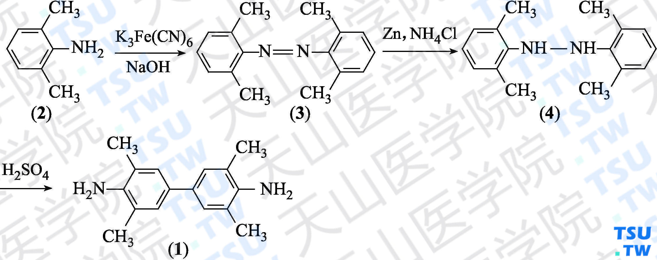 3，3'，5，5'-四甲基联苯胺（分子式：C<sub>16</sub>H<sub>20</sub>N<sub>2</sub>）的合成方法路线及其结构式