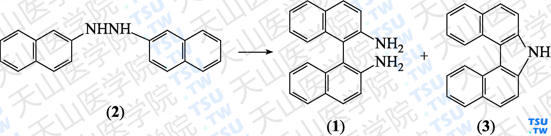 2，2'-二氨基-1，1'-联萘（分子式：C<sub>20</sub>H<sub>16</sub>N<sub>2</sub>）的合成方法路线及其结构式