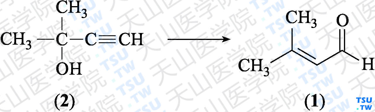 3-甲基-2-丁烯醛（分子式：C<sub>5</sub>H<sub>8</sub>O）的合成方法路线及其结构式