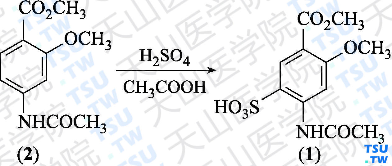 3-甲氧羰基-6-乙酰氨基-4-甲氧基苯磺酸（分子式：C<sub>11</sub>H<sub>13</sub>NO<sub>7</sub>S）的合成方法路线及其结构式
