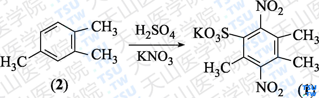 2，4，5-三甲基-3，6-二硝基苯磺酸钾（分子式：C<sub>9</sub>H<sub>9</sub>KN<sub>2</sub>O<sub>7</sub>S）的合成方法路线及其结构式