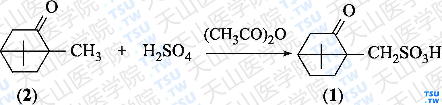 1<i>S</i>-（+）-樟脑磺酸（分子式：C<sub>10</sub>H<sub>16</sub>O<sub>4</sub>S）的合成方法路线及其结构式