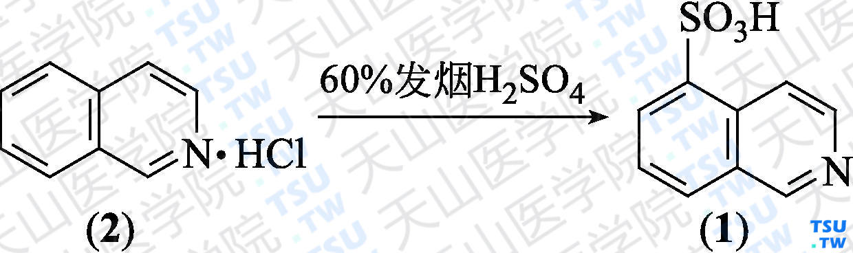 5-异喹啉磺酸（分子式：C<sub>9</sub>H<sub>7</sub>NO<sub>3</sub>S）的合成方法路线及其结构式