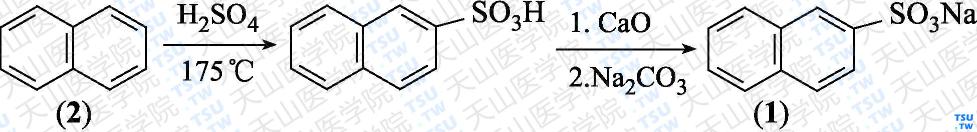 <i>β</i>-萘磺酸钠（分子式：C<sub>10</sub>H<sub>7</sub>NaO<sub>3</sub>S）的合成方法路线及其结构式