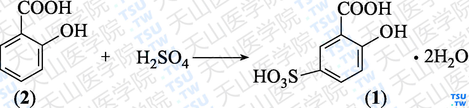 5-磺酸基水杨酸二水合物（分子式：C<sub>7</sub>H<sub>6</sub>O<sub>6</sub>S·2H<sub>2</sub>O）的合成方法路线及其结构式