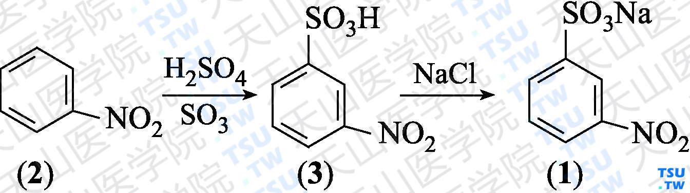 间硝基苯磺酸钠（分子式：C<sub>6</sub>H<sub>4</sub>NNaO<sub>5</sub>S）的合成方法路线及其结构式