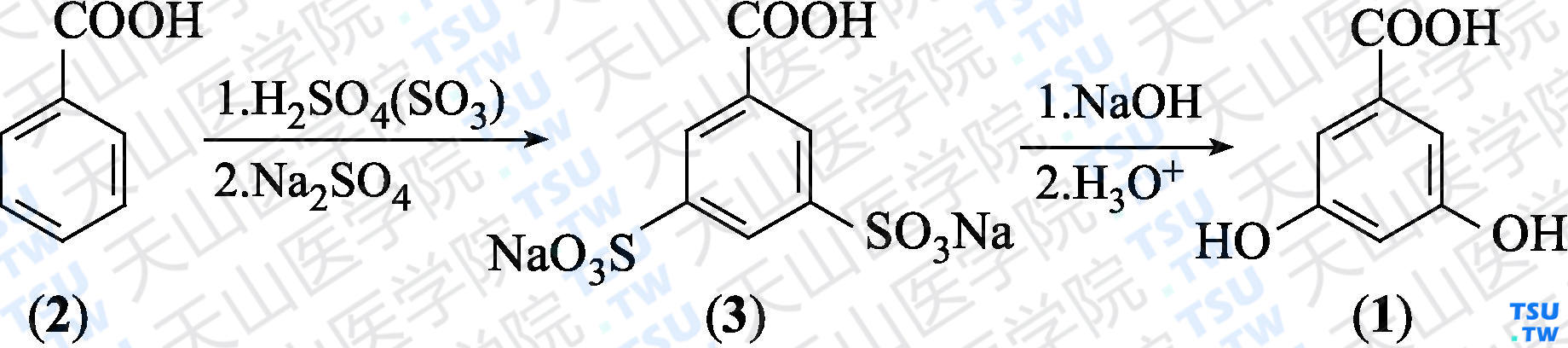 3，5-二羟基苯甲酸（分子式：C<sub>7</sub>H<sub>6</sub>O<sub>4</sub>）的合成方法路线及其结构式