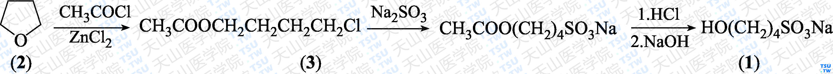 4-羟基丁基-1-磺酸钠（分子式：C<sub>4</sub>H<sub>9</sub>NaO<sub>4</sub>S）的合成方法路线及其结构式